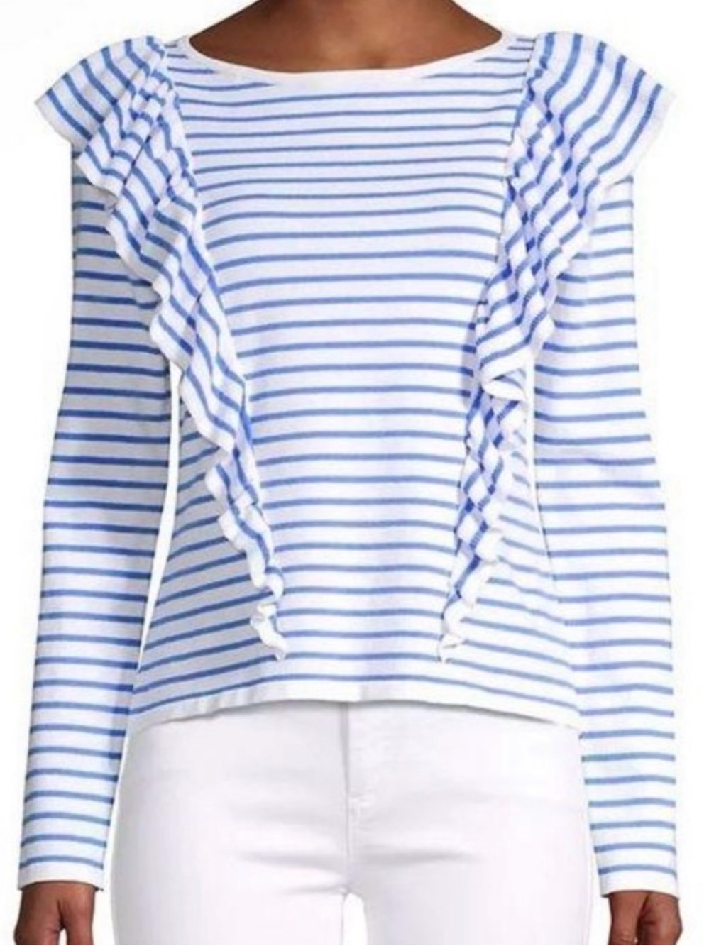 Lilly Pulitzer Sweater Ruth Striped Ruffle Sweater in Bennet Blue Beach Stripe L
